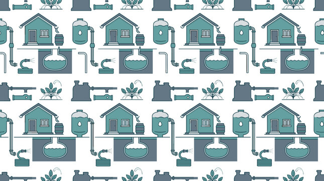 Rainwater harvesting symbols and greywater recycling icons arranged in a sophisticated seamless repeating pattern for eco-home