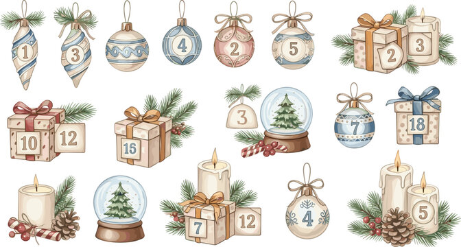 Christmas Advent Calendar Collection Vector Illustration Featuring Numbered Gift Boxes Ornaments Candles Snow Globe and Holiday Decorative Elements Set