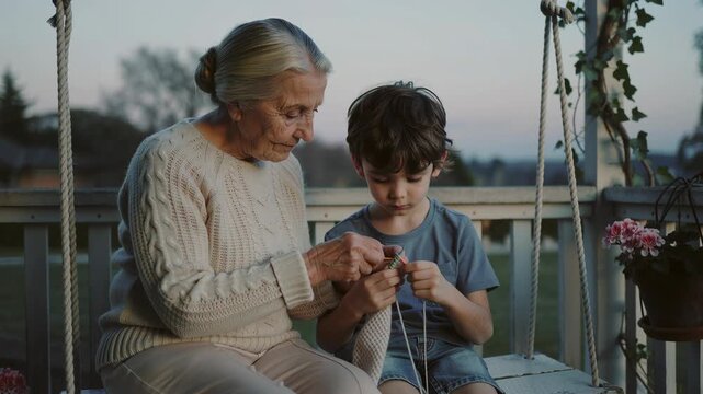 Elderly woman teaches young boy to knit on porch swing, sharing traditional craft and fostering intergenerational bond.