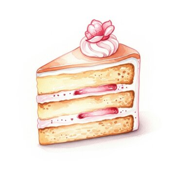 Watercolor of a strawberry layer cake slice with cream topping