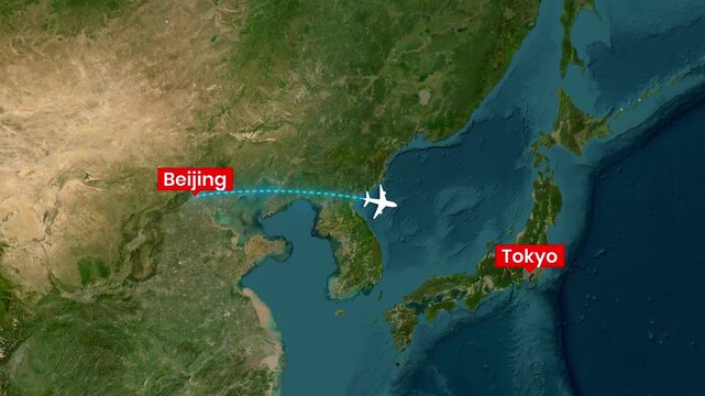 Airplane flying route from Beijing to Tokyo on animated map video footage