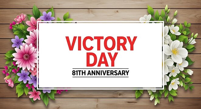 Victory day 81st anniversary celebration with flowers on wooden background