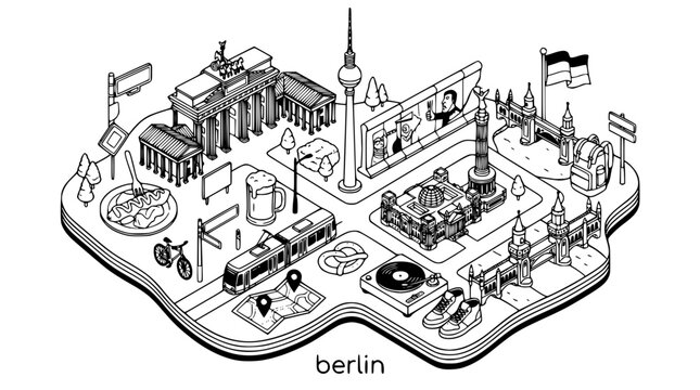 Iconic berlin landmarks depicted in a minimalist isometric vector illustration