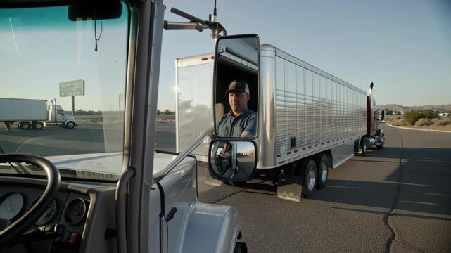 Man trucker reversing large hauler rig on highway. Driver in cap backing up commercial semi truck with cargo trailer. Logistics, transportation.