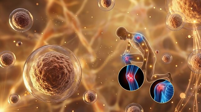 Stem cell, undifferentiated progenitor cell therapy, regenerative medicine concept, human skeletal system repair, damaged joint, bone cartilage tissue, medical biotechnology application.