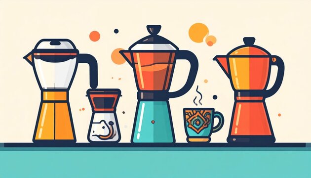Colorful coffee makers and cup illustration.