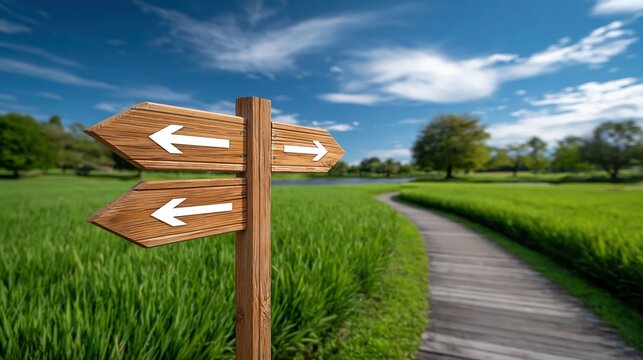 Wooden signpost with arrows pointing left and right on a path in a green park