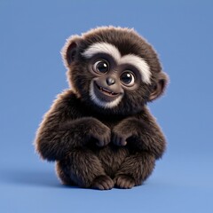 Fototapeta premium Adorable cartoon monkey with big eyes sitting on a blue background, fluffy smiling animal character in a playful animated style, cute children's illustration for fun and entertainment, cartoon animal 