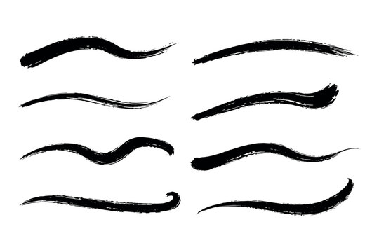 Curved black ink brush strokes set grunge vector