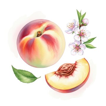 Watercolor of a whole peach, a sliced peach segment, and peach blossoms