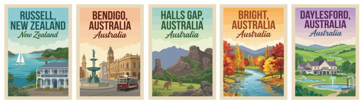 Majestic oceania travel poster set. Including russell nz, bendigo, halls gap, bright, and daylesford for iconic wall art prints. Retro vector illustration.