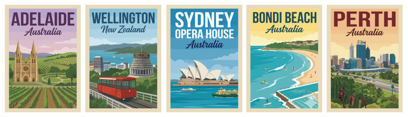 Naklejka premium Majestic oceania travel poster set. Including adelaide, wellington, sydney, bondi beach, and perth for iconic wall art prints. Retro vector illustration.