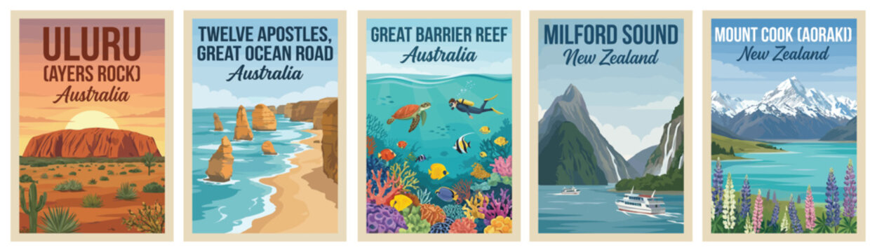 Majestic oceania travel poster set. Including uluru, twelve apostles, great barrier reef, and milford sound for iconic wall art prints. Retro vector illustration.