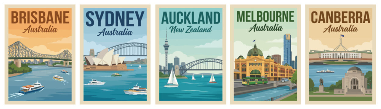 Majestic oceania travel poster set. Including brisbane, sydney, auckland, melbourne, and canberra for iconic wall art prints. Retro vector illustration.