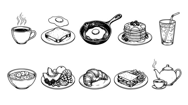 Set of hand drawn vector breakfast food and drink items