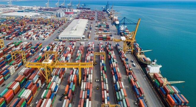 Massive container terminal with cargo ships, cranes, and stacks of shipping containers under a clear