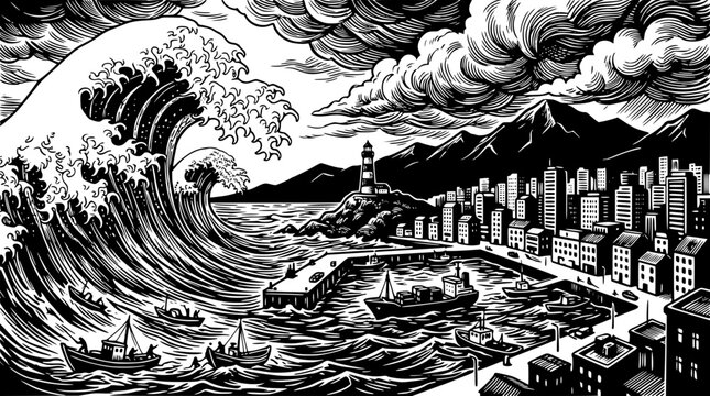 Massive tsunami wave crashing against a busy coastal port city