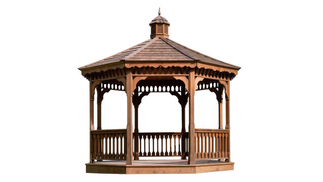 Isolated wooden garden gazebo with decorative roof and elegant wooden balustrade design
