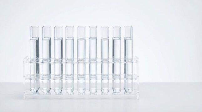 Ten clear glass test tubes filled with clear liquid arranged in a rack