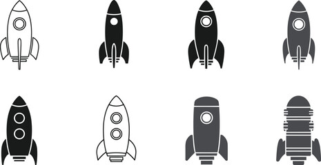 Rocket ship vector set with different launch spacecraft styles space exploration icons and startup growth symbols © PJ DeSign