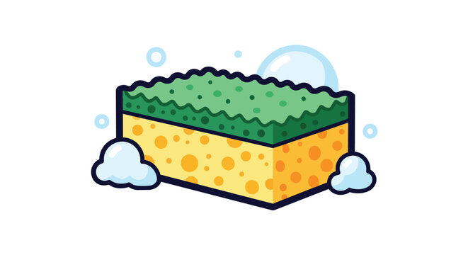 Yellow Kitchen Sponge with Green Scouring Pad and White Soapy Bubbles Illustration