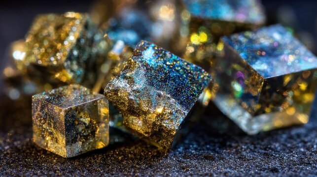 Small sparkling pyrite cubes with golden and blue iridescence, a collection of natural mineral specimens