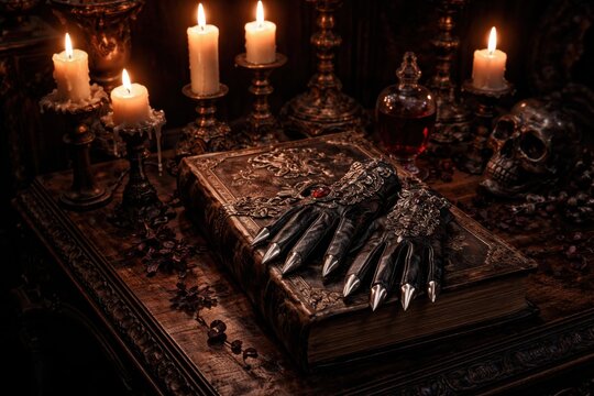 A dark, gothic setting featuring an ornate book, a metallic claw, skull, candlelight, and a mysterious red potion bottle on an intricately carved wooden table.
