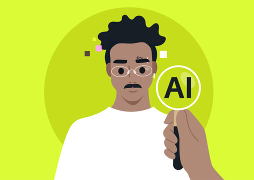 A person wearing trendy glasses being examined with a magnifier marked AI, showcasing the fusion of creativity and technology in understanding artificial intelligence.