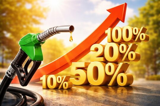A green fuel pump nozzle dripping gasoline with rising percentages and a red arrow indicating increasing fuel prices or consumption.