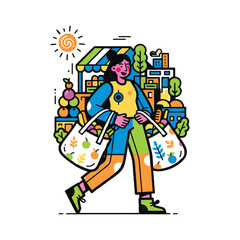 Fototapeta premium Cheerful woman walking home with eco-friendly bags full of fresh groceries from a street market. Vibrant flat vector illustration of a healthy, sustainable urban lifestyle on a white background.