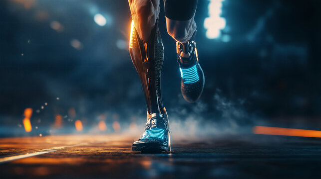 Futuristic runner with high-tech bionic prosthetic legs sprinting on a digital track at night, cybernetic athlete concept.