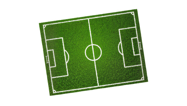 Isolated miniature football pitch model with detailed green grass texture and white lines