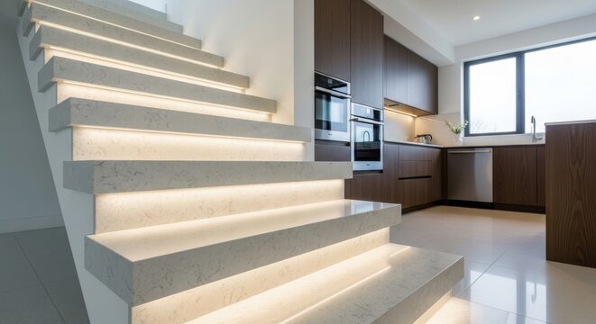 Illuminated white quartz composite cantilevered stairs leading to a modern kitchen interior