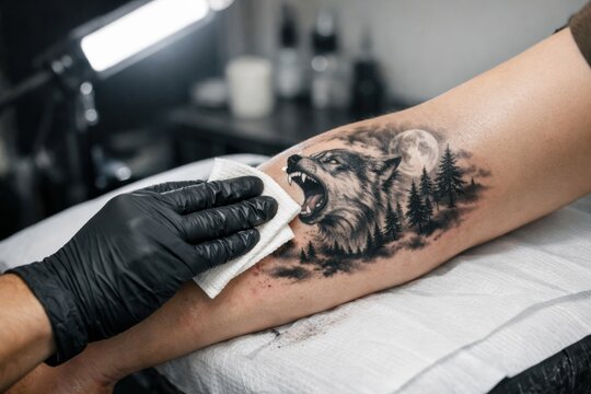 A freshly inked wolf tattoo on a forearm is being cleaned by a gloved tattoo artist in a studio setting.