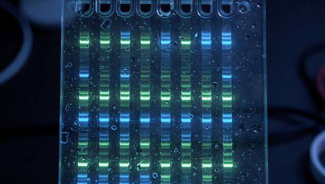 Macro Close-Up of Glowing Green and Blue DNA Gel Electrophoresis Bands on Agarose Gel Under UV Light in Dark Laboratory, Genetics Genomics Molecular Biology Science Research Concept Photography