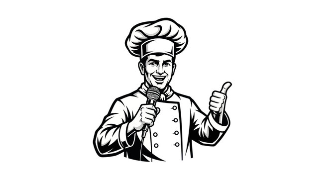 Chef Mascot Holding Microphone and Giving Thumbs Up Illustration