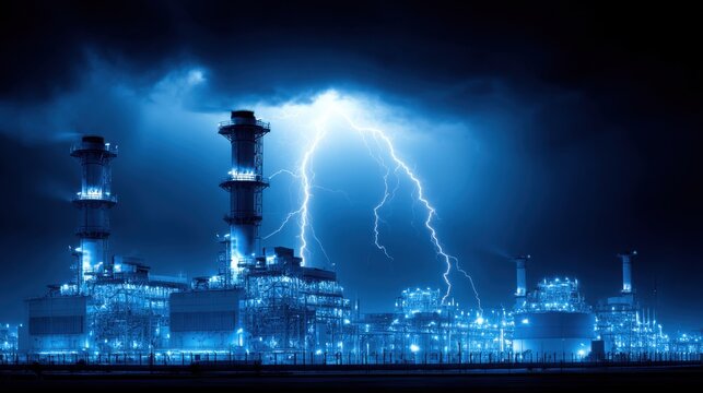 Dramatic Cobalt Blue Lightning Illuminates Industrial Power Plant During Intense Night Storm
