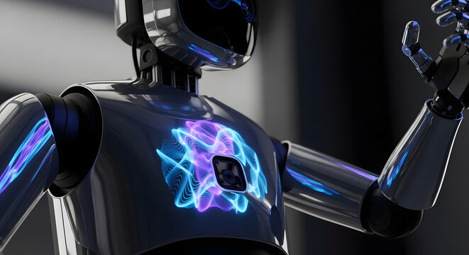 A futuristic robot with glowing blue and purple neon lights on its chest and arms stands against a dark background with a metallic sheen
