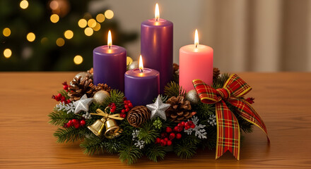 Fototapeta premium A single candle lit on a green wreath for the holiday