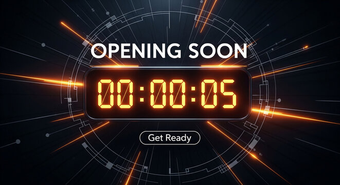 Opening soon with futuristic countdown and get ready message coming soon countdown digital display futuristic technology announcement impending
