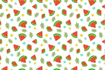Naklejka premium Seamless Summer Pattern with Fresh Watermelon Slices, Tropical Palm Leaves, and Yellow Stars on White Background