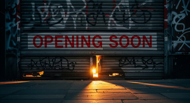 Graffiti covered rolling shutters announcing opening soon with light glimpse street art spray paint orange light urban decay graffiti storefront