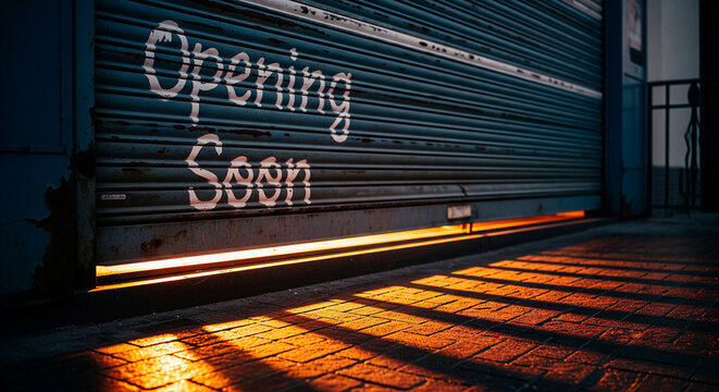 Storefront rolling shutters with hand-painted opening soon message and light orange light storefront entrance announcement business commercial
