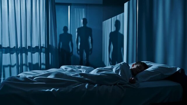 Young boy sleeping in bed at night while mysterious shadowy figures stand in the background, concept of nightmare and sleep paralysis for horror and suspense themes