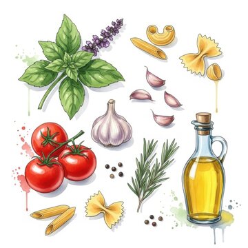 Watercolor of italian pasta ingredients, basil, and olive oil