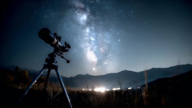 Space universe exploration, fantasy, mysterious. A nighttime scene features a telescope mounted on a tripod, overlooking a vast landscape. The Milky Way galaxy is visible in the background.