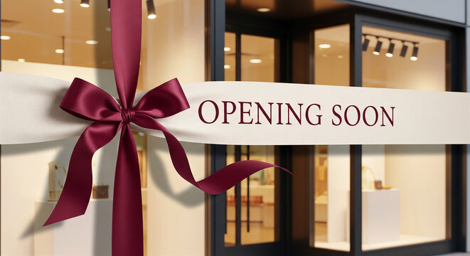 Storefront entrance wrapped with ribbon and 'opening soon' sign for a new business launch grand opening silk ribbon coming soon gallery entrance