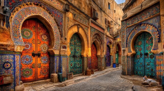 Intricate mosaic tile patterns adorn ornate doors and architecture along a charming Moroccan alleyway showcasing rich cultural heritage.