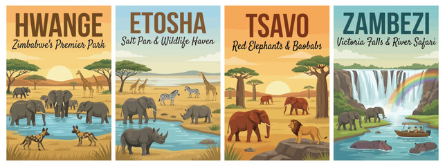 Obraz premium Majestic safari locations travel poster set. Including hwange, etosha, tsavo, and zambezi for iconic wall art prints. Retro vector illustration.