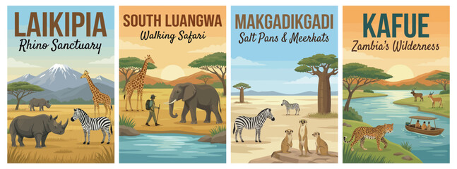 Obraz premium Majestic safari locations travel poster set. Including laikipia, south luangwa, makgadikgadi, and kafue for iconic wall art prints. Retro vector illustration.
